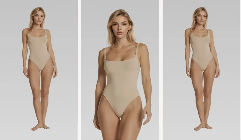 The same garment shown on a model in three different poses