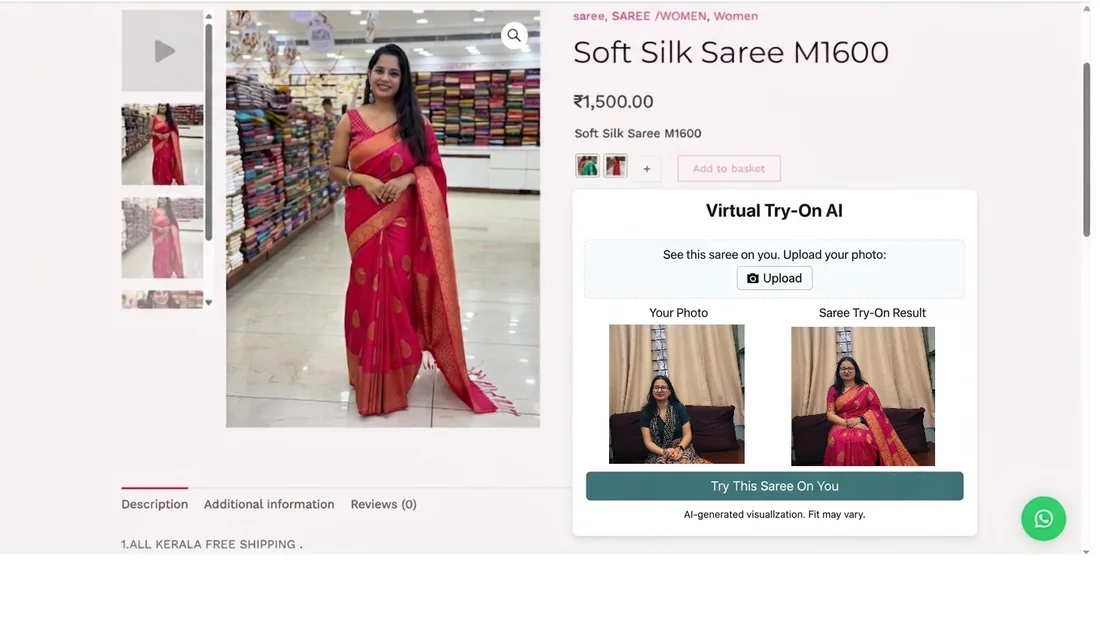 A saree product page with the try-on panel added, showing a shopper's uploaded photo beside the generated result of her wearing the saree