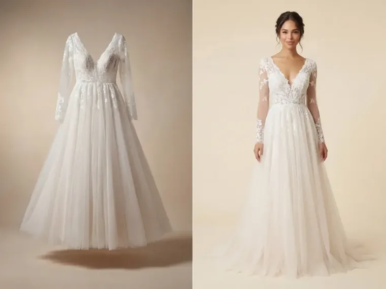 A lace wedding gown photographed flat, then worn by a generated model