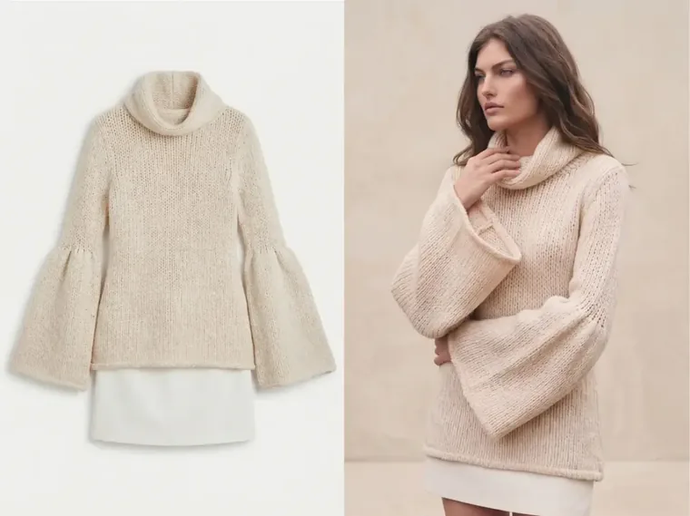 A cream bell-sleeve sweater photographed flat, then worn by a generated model