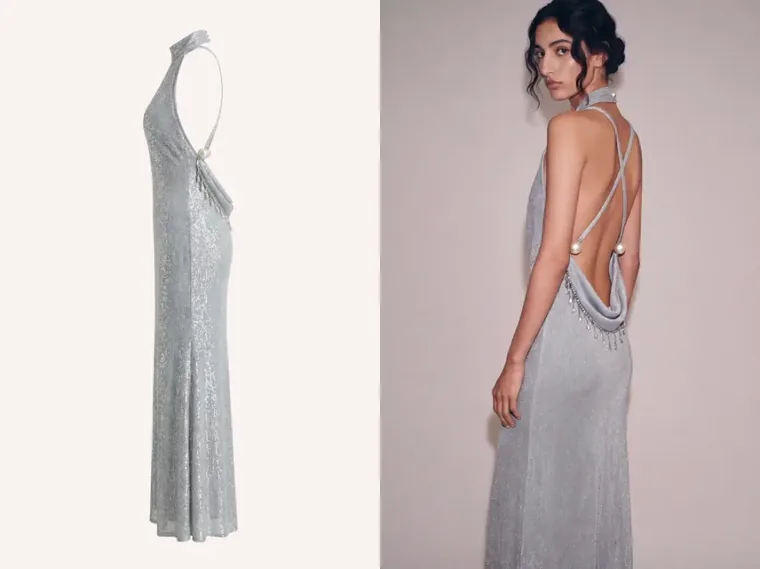 A silver embellished gown photographed flat, then worn by a generated model