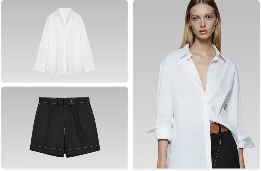 A shirt and shorts photographed flat, beside the same outfit worn by a generated model