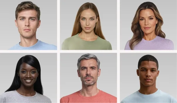 A grid of six generated fashion models of different ages and ethnicities