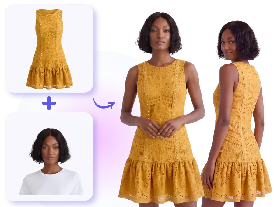 A yellow eyelet dress and a model photo combining into front and back on-model images