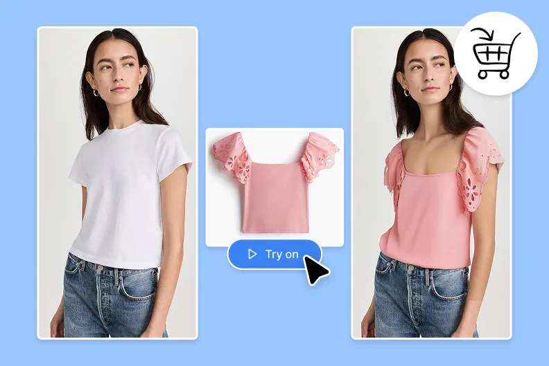 A shopper in a white tee shown wearing a pink eyelet top after tapping Try on