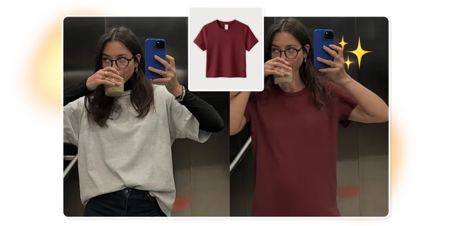 A phone mirror selfie in a grey top, then the same selfie wearing a maroon tee