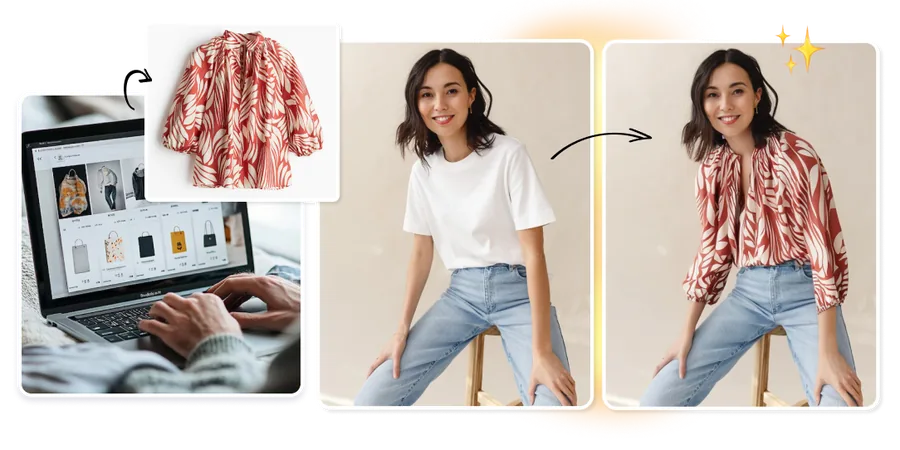 A patterned blouse applied to a seated model, shown alongside an online store catalogue