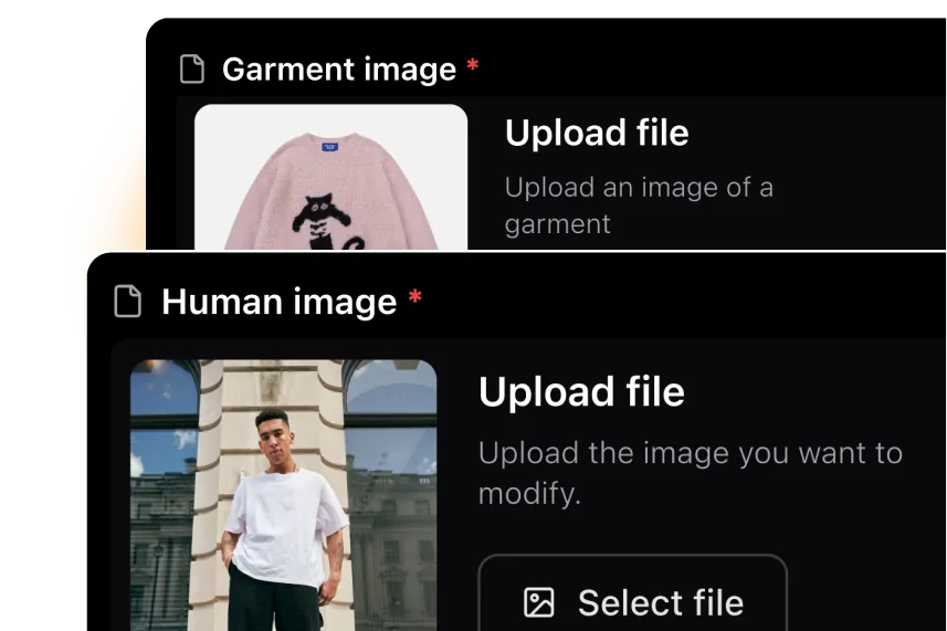 The tool's upload panels for a garment image and a human image